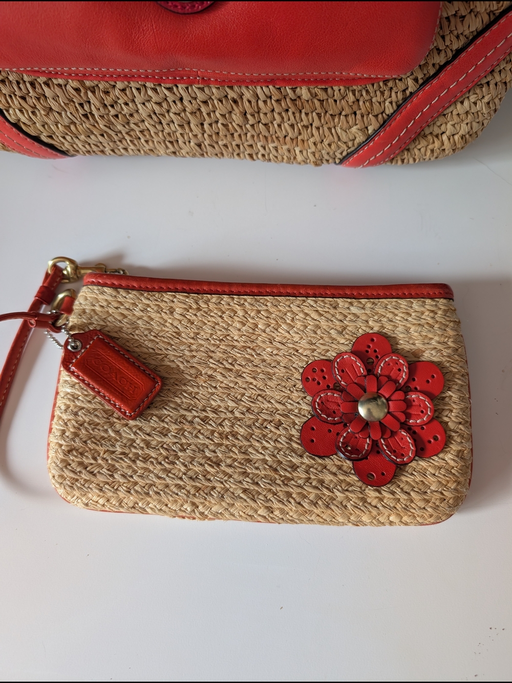 Coach Legacy Raffia Tote with Coral Leather Trim and Matching Wristlet - Picture 6 of 13